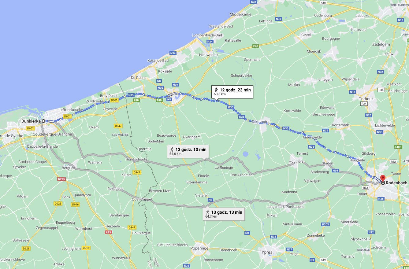 Google Maps - odległość z Dunkierki do Rodenbach