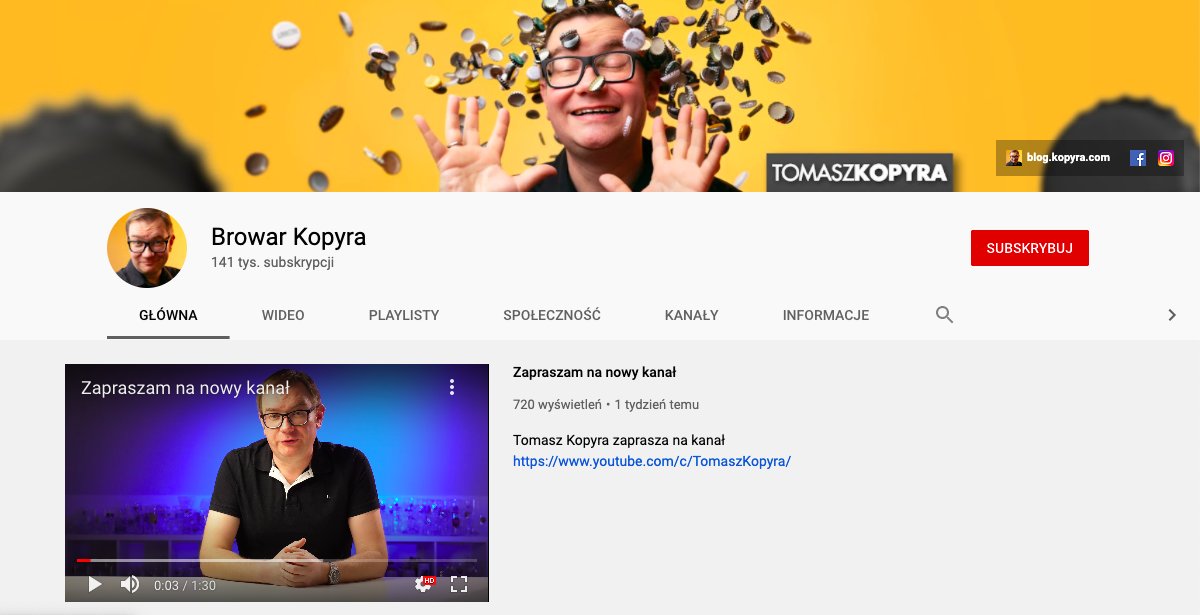Zrzut ekranu strony głównej kanału Youtube Vloga Tomka Kopyry