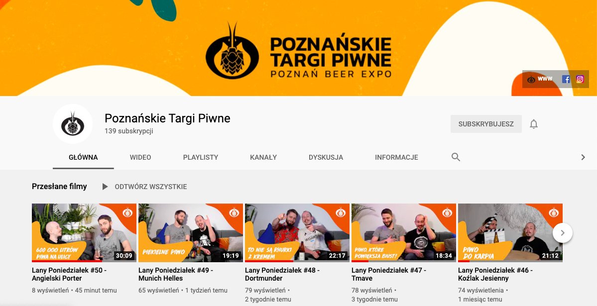Zrzut ekranu strony głównej kanału Youtube Poznańskich Targów Piwnych