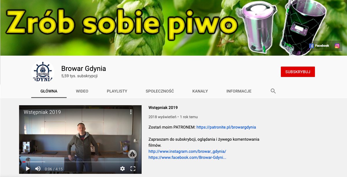 Zrzut ekranu strony głównej kanału Youtube Vloga Browaru Gdynia