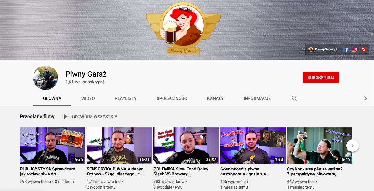 Zrzut ekranu strony głównej kanału Youtube Vloga Michała Kopika - Piwny Garaż