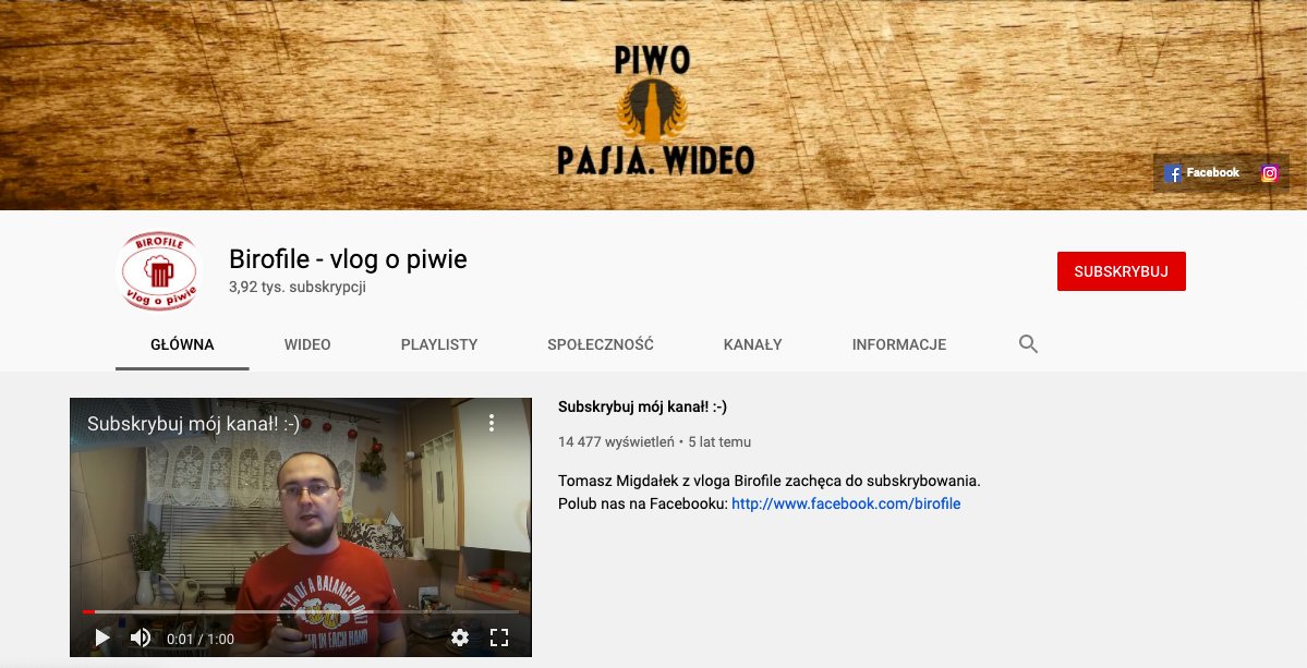 Zrzut ekranu strony głównej kanału Youtube Vloga Tomka Migdałka - Birofile