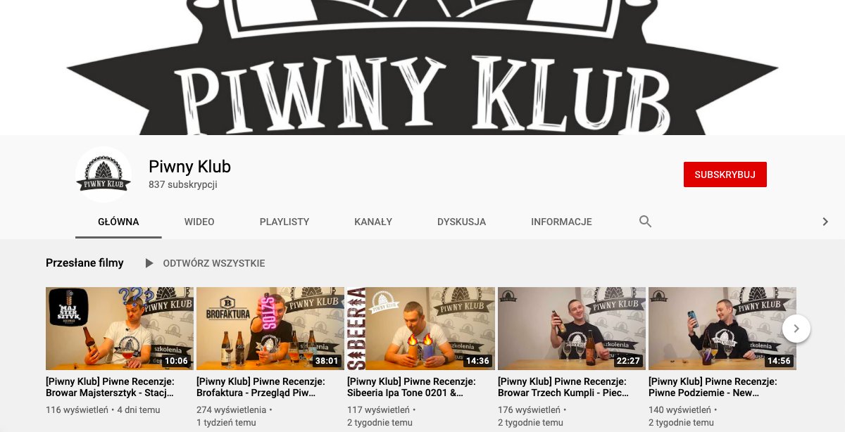Zrzut ekranu strony głównej kanału Youtube Piwnego Klubu