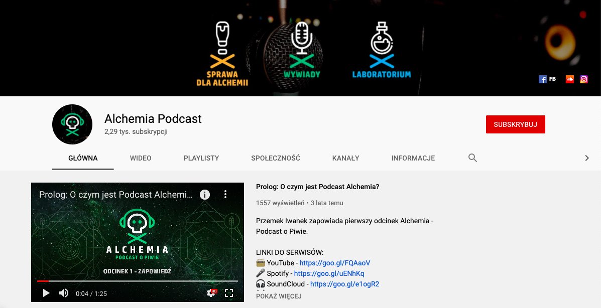Zrzut ekranu strony głównej kanału Youtube Alechemii - Podcastu o Piwie