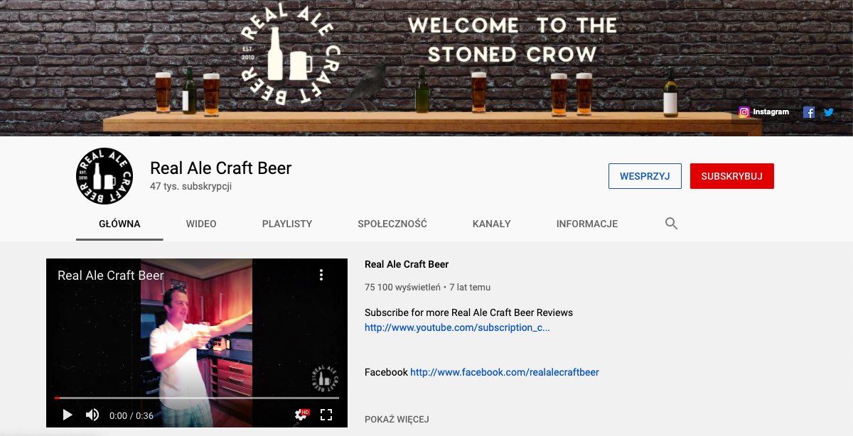 Zrzut ekranu strony głównej kanału Youtube Vloga Real Ale Craft Beer