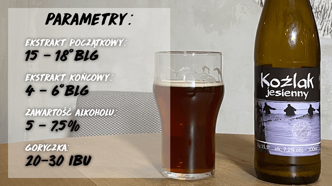 w centrum kadru szklanka 0,3l z koźlakiem jesiennym w środku, po prawej stornie butelka piwa koźlak jesienny z browaru milicz, po lewej stornie parametry piwa: ekstrakt początkowy 15-18 BLG, ekstrakt końcowy 4-6 BLG, zawartość alkoholu 5-7,5%, goryczka 20-30 IBU